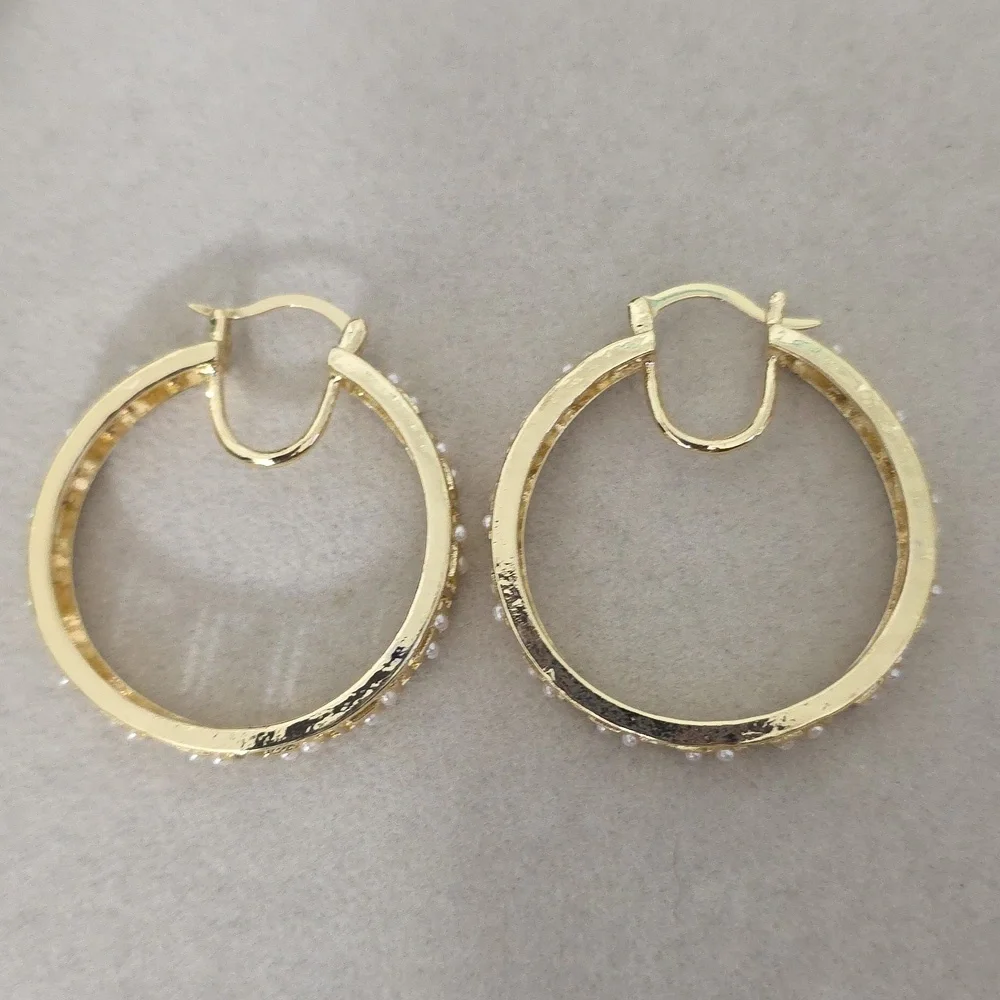 Gold Filled Hoop Earrings Greek Key Design with Pearl Accent